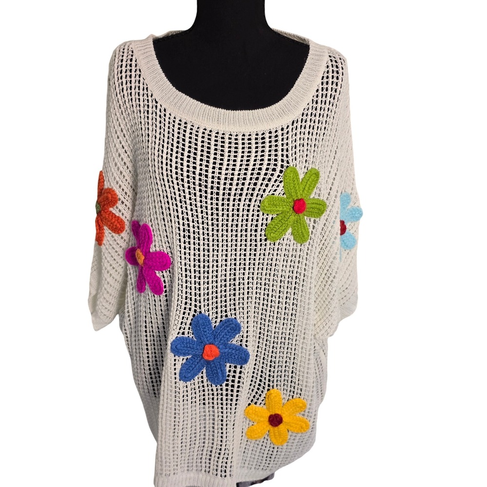Floral Crochet Applique Oversized Sweater 3XL Boho Dolman Sleeve Whimsy Fairy